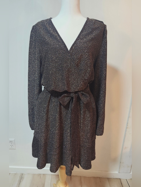 Devoted Dresses & Skirts - Devoted Sparkle Long Sleeve Tie-Waist V-Neck Mini Dress - Brown/Gold
